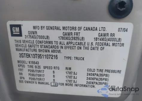 2005 GMC Sierra 1500 Slt z USA, uszkodzony, nr VIN 2GTEK13T951107216